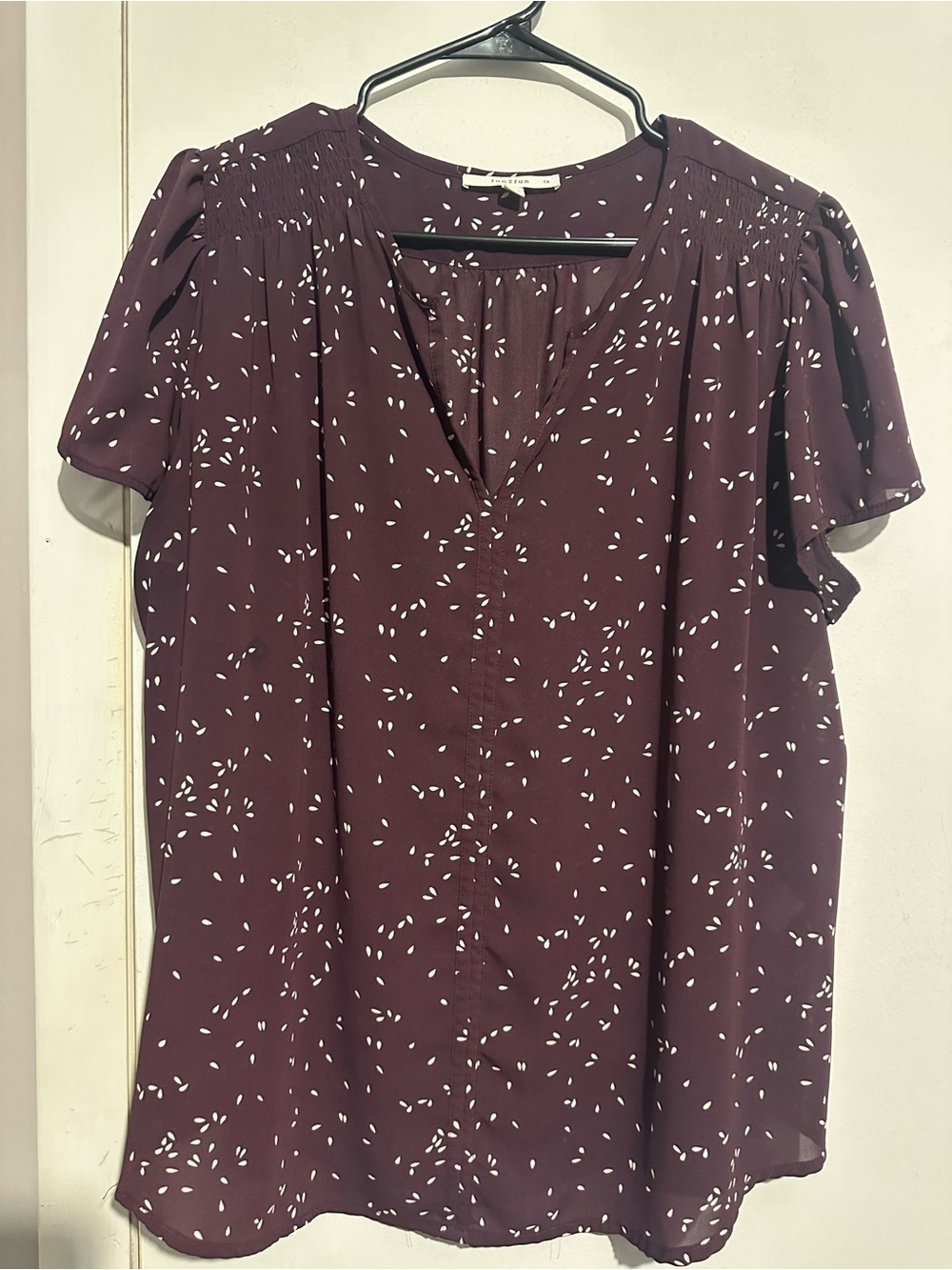 fun 2 fun Plum Short-Sleeve V-Neck Blouse with White Dot Print